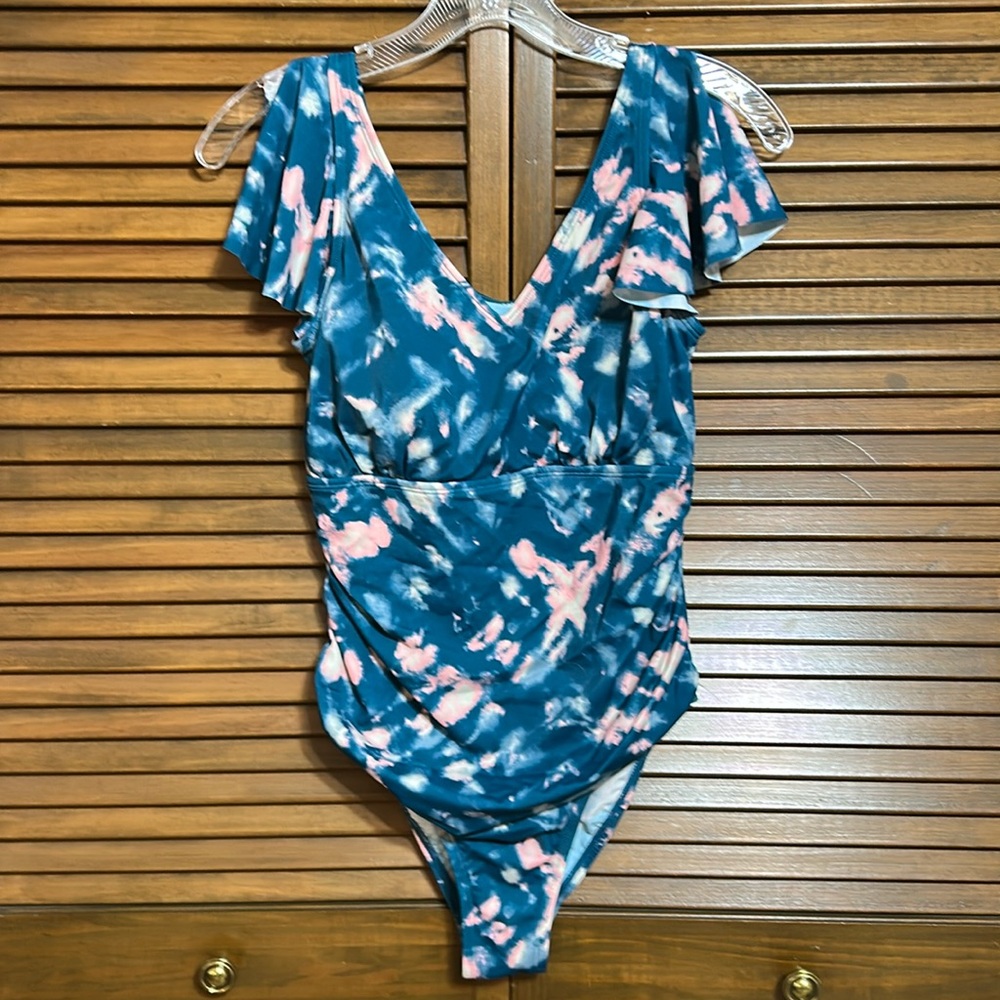 Denim & Co. Beach V-Neck Ruffle Sleeve One- Piece Swimsuit Size 4